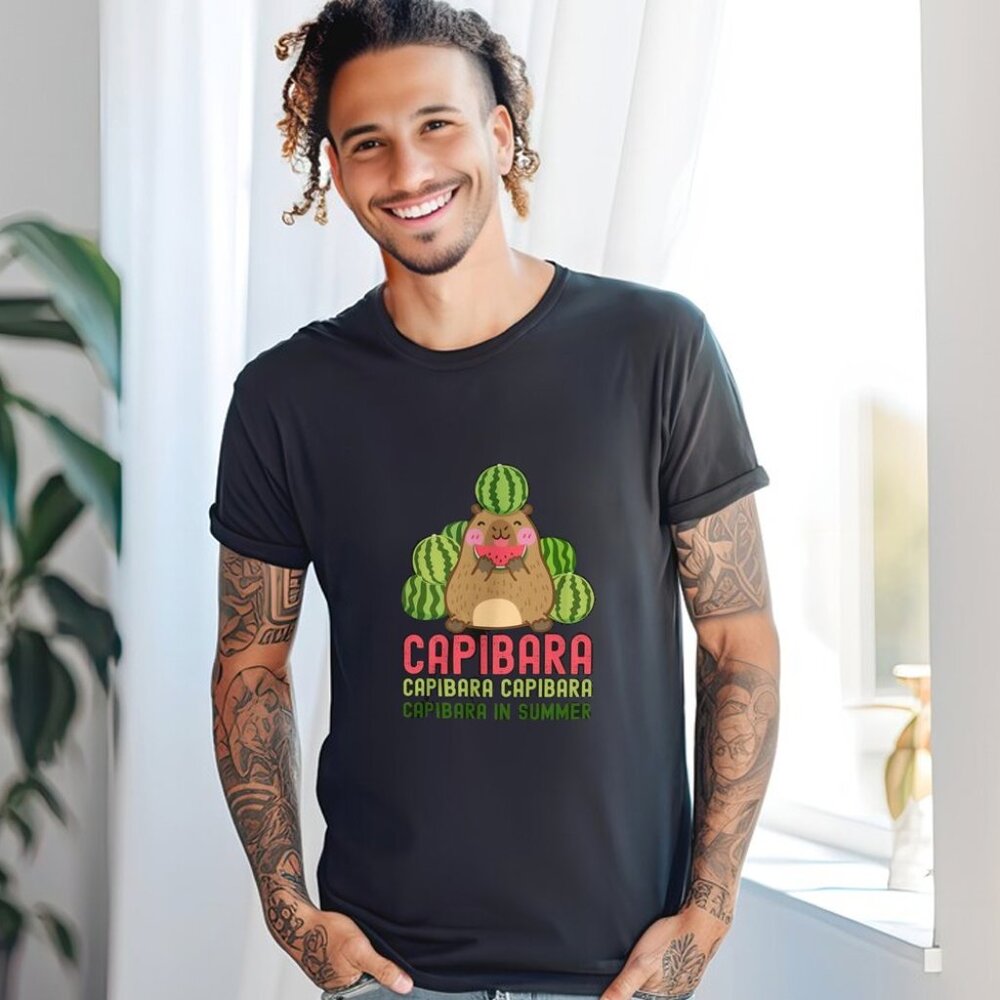 Cute Capibara Eating Watermelon T-Shirt, Summer Fun Capibara Graphic Tee - Picture 1 of 3
